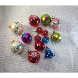 VTG Christmas Ornaments Mixed Lot of 14 Holiday Decor Round Bell Glitter -READ